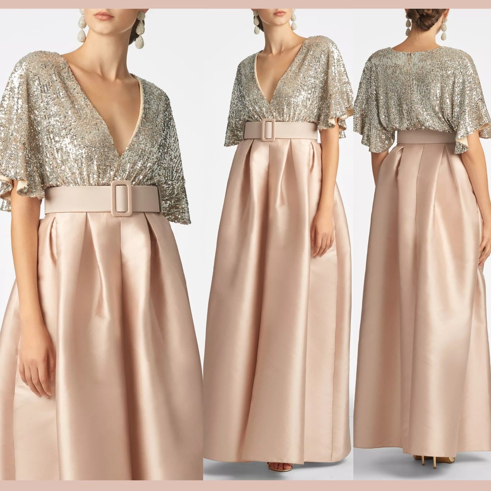 NWT$795 Sachin & Babi [ 0 ] Simone Sequin Belted A Line Gown Silver Peony S1804‎